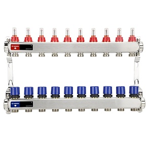Коллекторная группа с расходомерами Varmega VM15110 ВР 1", на 10 контуров 3/4" EK, нержавеющая сталь