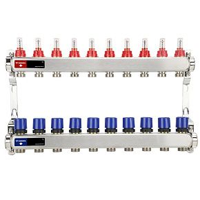 Коллекторная группа с расходомерами Varmega VM15110 ВР 1", на 10 контуров 3/4" EK, нержавеющая сталь