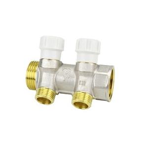 VM14722 Коллектор распределительный с запорными клапанами Varmega, 1", на 2 выхода 1/2"