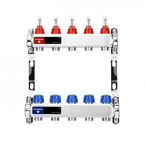 Коллекторная группа с расходомерами Varmega VM15105 ВР 1", на 5 контуров 3/4" EK, нержавеющая сталь