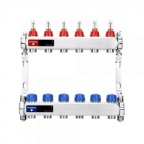 Коллекторная группа с расходомерами Varmega VM15106 ВР1", на 6 контуров 3/4" ЕК, нержавеющая сталь