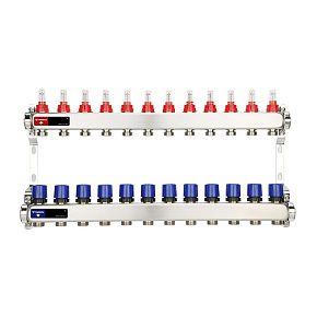 Коллекторная группа с расходомерами Varmega VM15112 ВР 1", на 12 контуров 3/4" EK, нержавеющая сталь